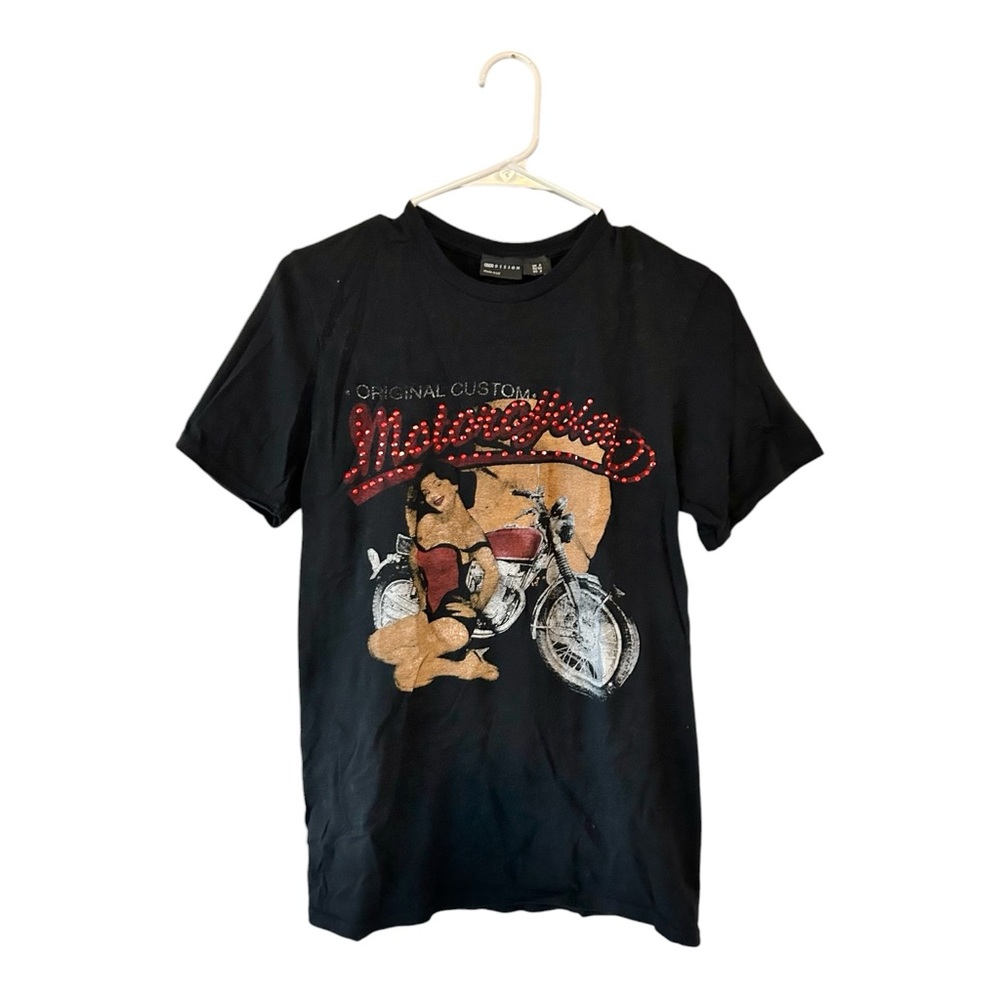 ASOS DESIGN Graphic Oversized T-Shirt‎ Motorcycle Hot Fix in Washed Black - Picture 2 of 5